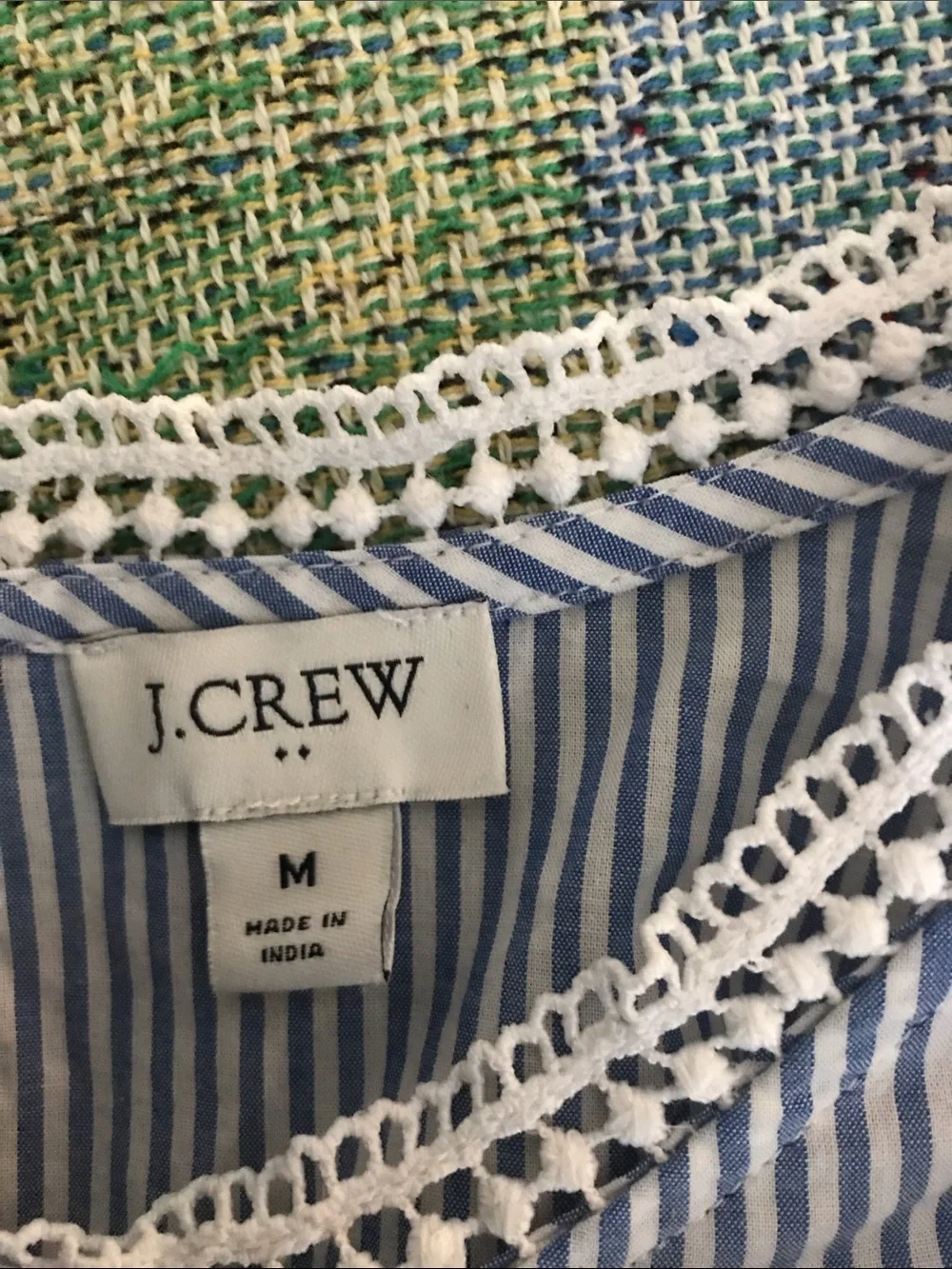J crew  Blue and White Pinstripe Ruffle Shoulder Blouse